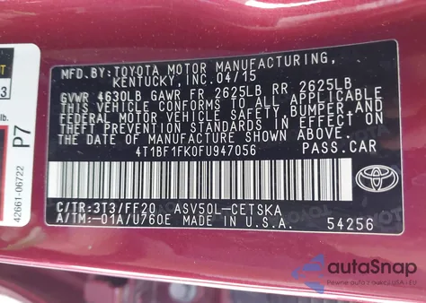 2015 Toyota Camry Se from USA, damaged, VIN 4T1BF1FK0FU947056